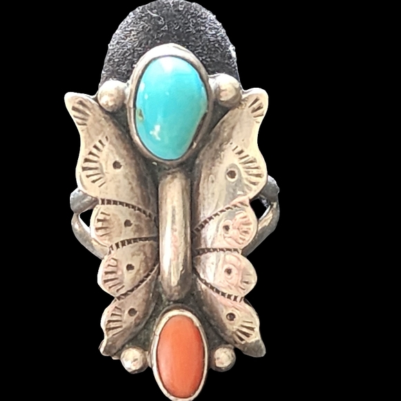 Native American Jewelry - Sterling Silver Native American Butterfly Ring with Turquoise and Coral Size 7